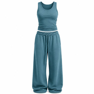 Fashion Women's Casual 2-Piece Polyester Breathable Ribbed Top and Regular Fit Wide Leg Pants Winter <b>Set</b> - Product Image 6