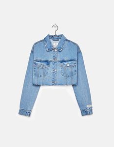 <b>Cropped</b> <b>Denim</b> <b>Jacket</b> Women Color Blocked Button Front Long Sleeve Distressed Wash Casual Autumn Style - Product Image 6