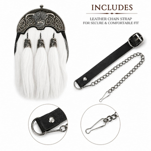 Sporran en cuir pour kilt, style Highland Cow, avec fourrure blanche, motif celtique et pompon à trois chaînes - Product Image 2