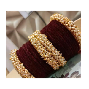<b>Red</b> Gold Beaded <b>Ribbon</b> Bangles Set With Pearl Jhumkas Women's Fashion Jewelry Accessories - Product Image 4