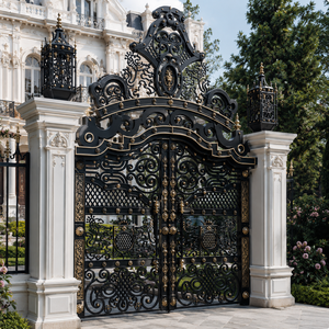 Portail de Mansion en Fer Forgé Noir et Or Royal, Ornements Décoratifs, Portail Double d'Entrée de Luxe avec Piliers Blancs et Design de Lampes - Product Image 3