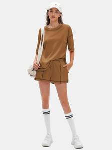 Conjunto de Dos Piezas para Mujer, Camiseta y Pantalones Cortos Casuales, Ecológicos, Transpirables, Atuendo de Verano, Cómodo para Uso Diario - Product Image 4