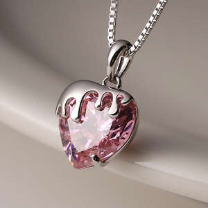 Collar de Corazón Derretido Rosa Fresa de Moda con Colgante Solitario de Diamante CZ para Mujer, Cadena de Plata Esterlina 925, Regalo de Lujo - Product Image 1