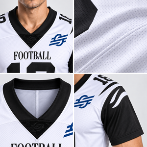 Men's <b>White</b> Black V-Neck American <b>Football</b> Jersey Number Sublimated Moisture Wicking Mesh Athletic Fit Short Sleeve - Product Image 5