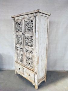 Armoire de luxe artisanale en bois massif à 2 portes, avec gravures décoratives en treillis Jaali, finition blanc vieilli - Product Image 3