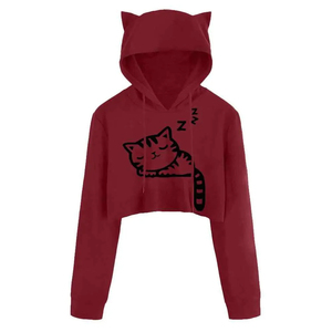 Sweat-shirt à capuche court personnalisé avec broderie, oreilles de chat et imprimé chat endormi, rouge, décontracté, unisexe, pour l'automne, sweat-shirts pour femmes - Product Image 1