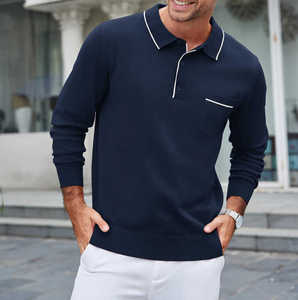 Men's Long Sleeve <b>Polo</b> <b>Shirt</b> Cotton Knitted Solid Color Casual Style <b>With</b> <b>Pocket</b> White Trim Collar 2027 - Product Image 5