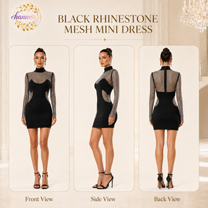 Abito Mini Aderente Nero Sexy con Strass e Rete, Maniche Lunghe, Collo Alto, Trasparenze, Vestito da Festa Scintillante per Donne - Product Image 2