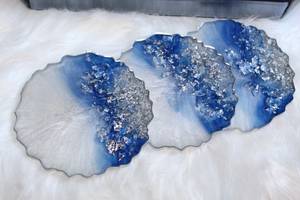 Handmade Blue, White & <b>Silver</b> Resin <b>Coaster</b> Set - Product Image 2