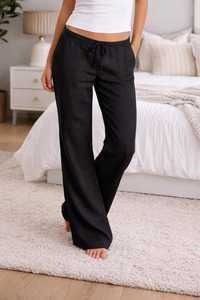 Pantalon en coton pour femme, coupe droite, taille mi-haute élastique, couleur unie, décontracté, longueur complète, coupe ample, respirant, pour l'été - Product Image 6