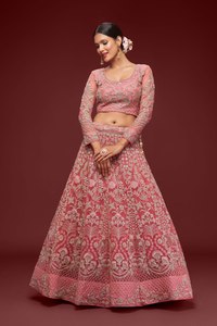 Pink Cotton Embroidered Lehenga Choli with Dupatta Silk Screen Printed Floral Thread Zari Net Suit <b>Wedding</b> Party Wear for Women - Product Image 2
