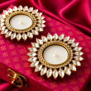 Kundan Stone <b>Work</b> Tealight Holder Set of 2 with <b>Gift</b> Box for Diwali Wedding Favors Kirtan <b>Gifts</b> and <b>Home</b> Decor - Product Image 2