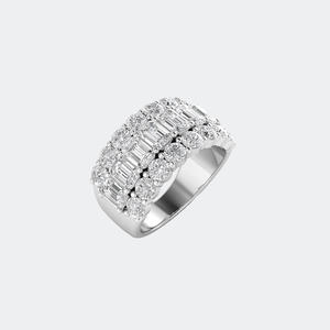 Anillo de declaración de triple fila con esmeraldas redondas de 4.30 quilates y diamantes mixtos, de oro de 14k, con diamantes cultivados en laboratorio de color D y claridad VVS, banda ancha para mujer. - Product Image 2