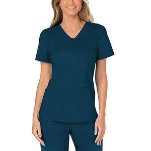 Women V Neck <b>Scrub</b> <b>Top</b> Short Sleeve Black Hospital Uniform Cotton Polyester Woven Fabric - Product Image 5