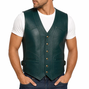 Chaleco de Cuero Genuino Verde para Hombre, Cuello en V, Cortavientos, Invierno, Cierre de Botón, con Bolsillo Ajustable en la Cintura, Estilo Motero - Product Image 5