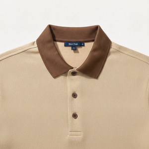 Polo en coton piqué beige pour homme, manches courtes, couleur unie, décontracté, respirant, coupe classique, design tricoté - Product Image 4