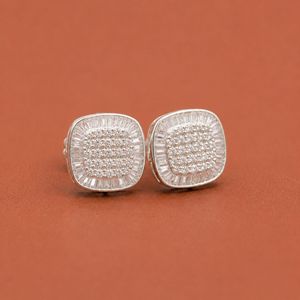 S925 <b>Moissanite</b> Square Halo <b>Earring</b> with Baguette Accents and Brilliant Center Design - Product Image 2