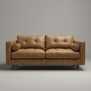 Canapé en cuir de luxe de style mi-siècle avec dossier capitonné et coussin décoratif, fabriqué au Vietnam pour le mobilier de salon. - Product Image 1