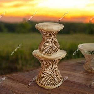 Portable Bone Inlay Console Bamboo Stool Handwoven Boho Pouffe Ottoman Set of 2 Natural Bamboo Wicker for Bedroom Living Area - Product Image 5