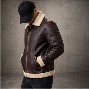 Veste en cuir véritable marron pour homme, col rabattu, fermeture à bouton unique, doublure en sherpa, style moto décontracté, vêtements d'hiver - Product Image 2