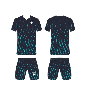 ชุดฟุตบอลแบบซับลิเมชั่นสั่งทำพิเศษสำหรับผู้ชาย พร้อมเสื้อเจอร์ซีย์พิมพ์ลายสีกรมท่าเข้มและสีฟ้าสดแบบมีเท็กซ์เจอร์ และกางเกงขาสั้นเข้าชุด - Product Image 1