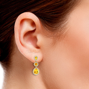 Top Quality 6.14 CTW Pear Cut Citrine & Diamond Engagement & Wedding <b>Earrings</b> 14k Solid Gold Halo Dangle Design Wholesale Price - Product Image 6