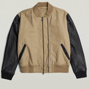 Blouson bomber kaki pour homme avec manches en cuir noir, col montant, fermeture éclair, style motard, vêtement d'automne - Product Image 1