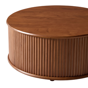 Mesa de Centro Redonda de Madera de Teca Sólida de Estilo Japonés de Lujo con Puerta Corredera Tambour y Almacenamiento Oculto para Muebles de Sala de Estar - Product Image 4