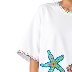 เสื้อยืดโอเวอร์ไซส์สีขาวลายกราฟิกผู้หญิง พิมพ์ลายมหาสมุทรสีสันสดใส เสื้อผ้าลำลองสไตล์สตรีทแวร์ ผ้าฝ้าย ใส่สบายสำหรับฤดูร้อน ทรงหลวม รับผลิตตามแบบ OEM ODM ขายส่ง - Product Image 3