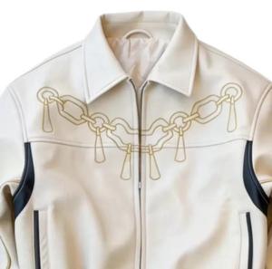 Chaqueta de Invierno para Hombre, de Cuero PU, Resistente al Viento, con Bordado de Cadena Dorada, Cuello Camisero, Cierre de Cremallera, Manga Regular, Color Sólido - Product Image 2