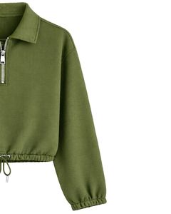 Sweat-shirt court zippé vert olive personnalisé pour femme, pull décontracté avec cordon de serrage à l'ourlet, en molleton doux coton-polyester, haut d'hiver - Product Image 3