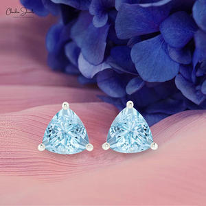Boucles d'oreilles à clous en or blanc massif 14 carats, très vendues, avec pierres précieuses naturelles en aquamarine de 0,5 carat, faites à la main, bijoux pour femmes - Product Image 1