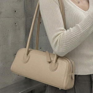 Vintage Beige PU Leather Two Straps Portable Shoulder <b>Bag</b> Bowler Purse Zipper Handbag with Polyester Lining for Travel - Product Image 3