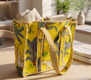 Yellow Hand Block Printed Tropical Print Quilted <b>Canvas</b> Tote Bag Zipper Closure Bohemian Style for Women Shopping <b>Beach</b> Use All - Product Image 2