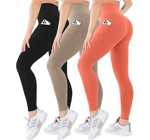 Leggings de yoga taille haute pour femmes, longueur intégrale, noir uni, satin écologique, avec poches, sans coutures, extensibles dans quatre directions, vêtements de sport - Product Image 1