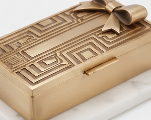 Luxury Rectangular Gold Metal Date And Dry Fruit Storage Box Geometric Embossed Lid With 3D Ribbon Bow Accent - Product Image 5