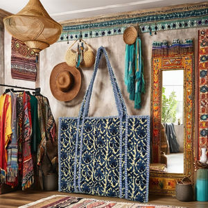 Sac fourre-tout d'été 100 % coton pur style bohème pour femme avec fermeture éclair, motif indien matelassé, design spacieux - Product Image 4