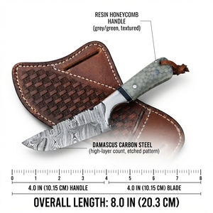 Damascus Steel Hunting Knife Honeycomb Resin Handle Camping Bushcraft Fixed Blade Outdoor Knife with Leather Sheath Manufacturer - Product Image 3