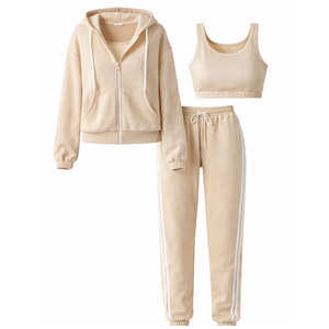 Ensemble de survêtement à capuche pour femme, automne, manches longues, couleur unie, décontracté, respirant, pantalon en polyester, poches latérales, fermeture éclair sur le devant - Product Image 3