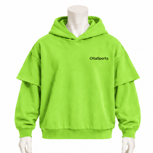 Sweat-shirt à capuche vert néon double couche, épais, à manches superposées, coupe oversize, épaules tombantes, style streetwear décontracté - Product Image 1