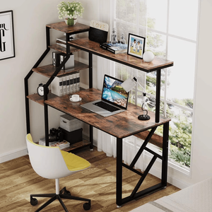 Large Computer <b>Desk</b> with Attached Bookshelf 59x23" - Modern Wood Top Metal Frame Writing <b>Study</b> Table Office Hutch Tower - Product Image 4