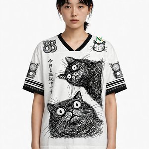 T-shirt blanc en maille à col en V pour homme, imprimé croquis de chat noir, style anime Harajuku streetwear, manches courtes, décontracté, haut d'été, t-shirts graphiques - Product Image 1