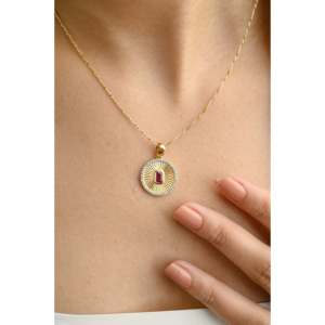 18K Solid Gold <b>Ruby</b> Halo Diamond Striped Medallion Coin Pendant - Product Image 4