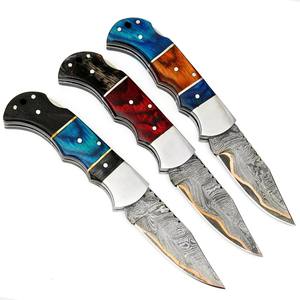 Juego de 3 cuchillos plegables de cobre damasco con mango de madera y funda de cuero, juego de cuchillos EDC CuMai con personalización OEM - Product Image 5