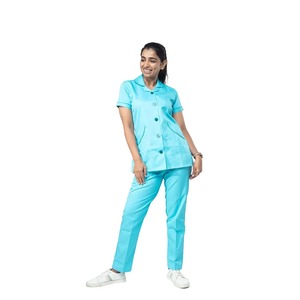 Women's Turquoise <b>Scrub</b> Set Short Sleeve Collar Top With Pockets Hospital Uniform Woven Cotton Polyester Blend - Product Image 1