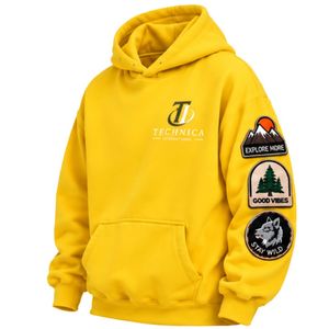 Yellow <b>Oversized</b> Pullover <b>Hoodie</b> with Patches Unisex Fleece Streetwear <b>Long</b> Sleeve Kangaroo Pocket Casual Winter <b>Hoodie</b> - Product Image 2