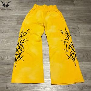 Street Wear High Waist Rhinestone Acid Washed Printing Men Wear Vintage Sun Faded Plus Size Baggy <b>Jogger</b> <b>Stacked</b> Flare Trousers - Product Image 6