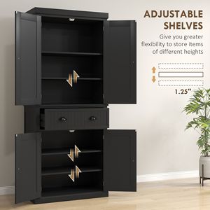 72-Inch Modern <b>Kitchen</b> <b>Pantry</b> Storage Cabinet Black Wood and Metal with 4 Doors 3 Adjustable Shelves Large Central Drawer - Product Image 5