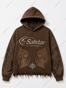 Sweat-shirt à capuche personnalisé marron vieilli avec strass pour homme, style streetwear, logo personnalisé, impression graphique et manches ornées - Product Image 1