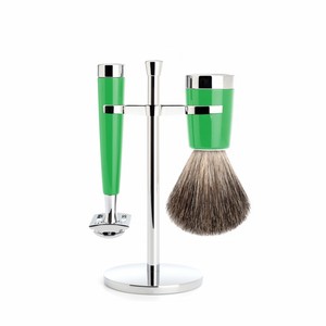 LEO BEAUTY PRO - Brosse à barbe 100% poils de blaireau, rasoir à 3 lames, manche en métal, support pour brosse, kit de rasage de luxe haut de gamme - Product Image 2